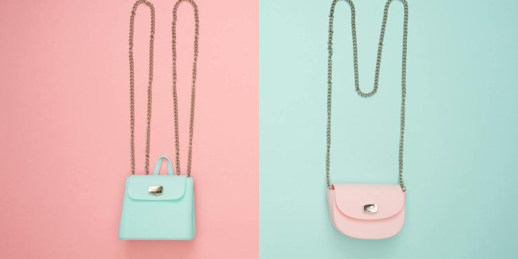 Stylish pastel handbags on pink and mint split backgrounds, perfect for fashion and design themes.